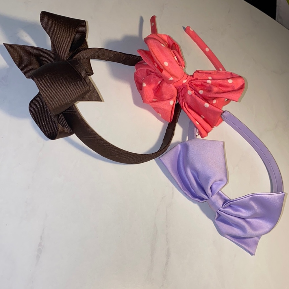 Set of 3 bow headbands lavender purple dark brown coral pink polka dot​ - Picture 7 of 13